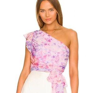 Amanda Uprichard Bea Blouse in Cotton Candy Print | Watercolor One-Shoulder Top